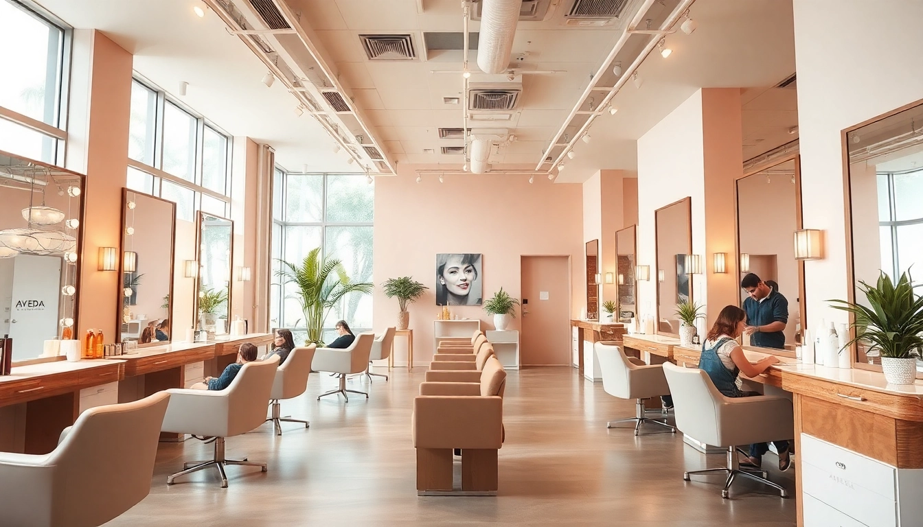 Luxurious hair salon in San Diego featuring elegant styling stations and Aveda products, showcasing hair salons san diego.