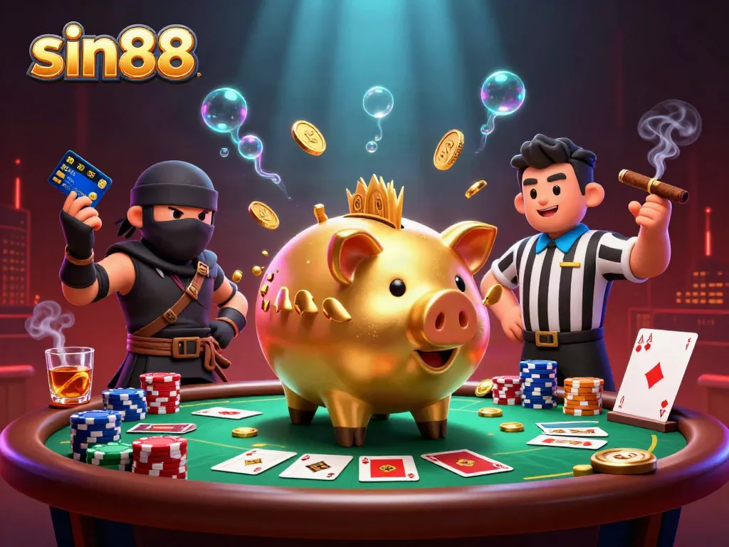 Experience exciting moments at sin88 with a playful golden piggy bank sumo wrestler surrounded by poker elements.