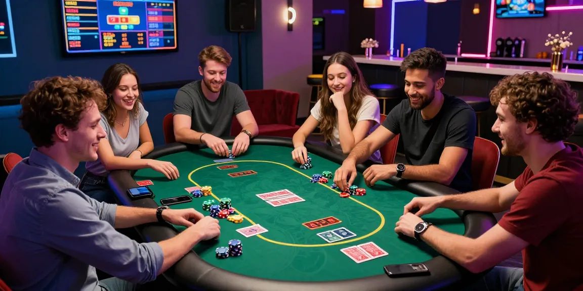 LUCK8 online gaming experience with friends at a modern casino table, engaging in poker and blackjack with lively atmosphere.