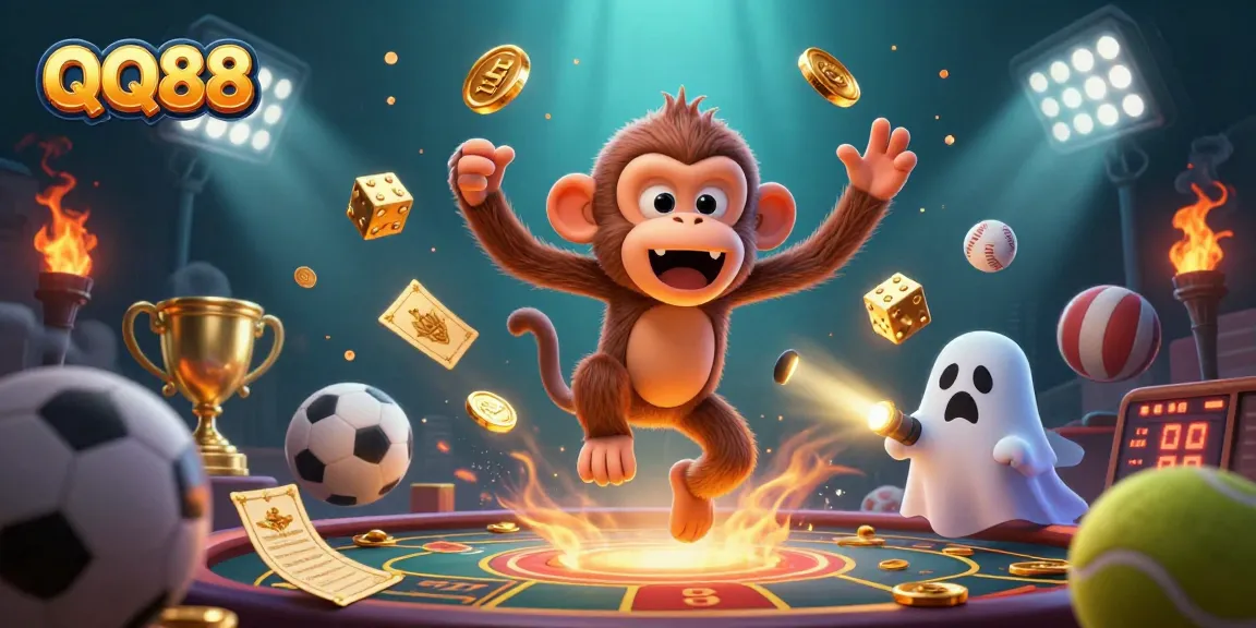 Experience thrilling bets with QQ88 as a ghost-hunter puppy tracks a mischievous monkey in a haunted casino.