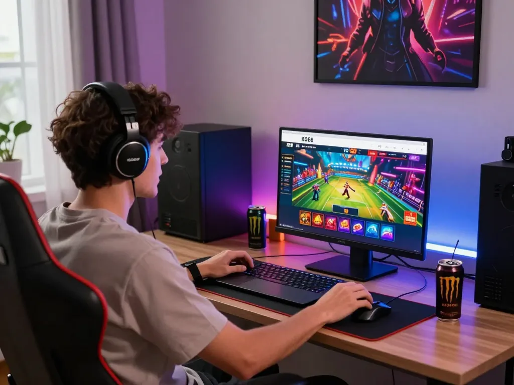 Engaged gamer enjoying KO66.com with vibrant online games and energy drinks in a cozy home setup.