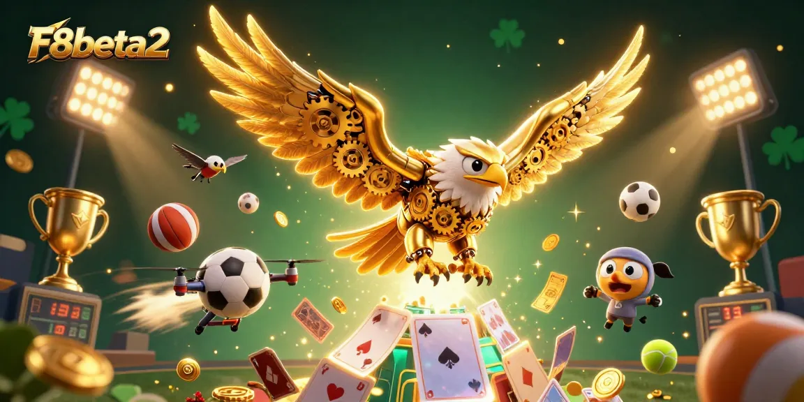 Experience thrilling action with F8beta2 as golden eagle dives through holographic cards, surrounded by sports elements.