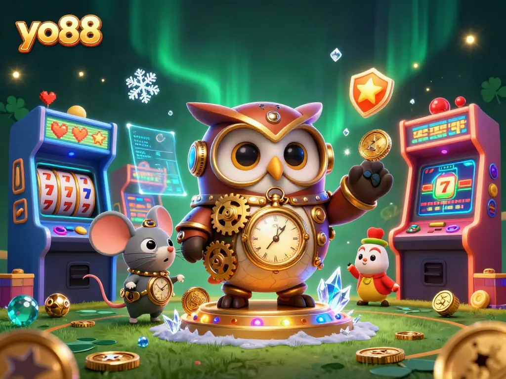 Experience exciting gaming adventures with yo88 in a vibrant, 3D casino illustration filled with legendary characters and games.