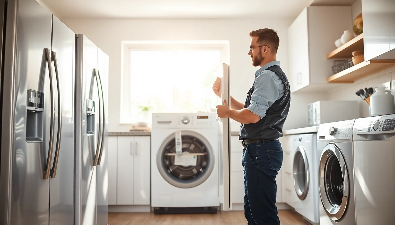 Highlighting home systems and appliance protection by showcasing a technician servicing kitchen appliances.