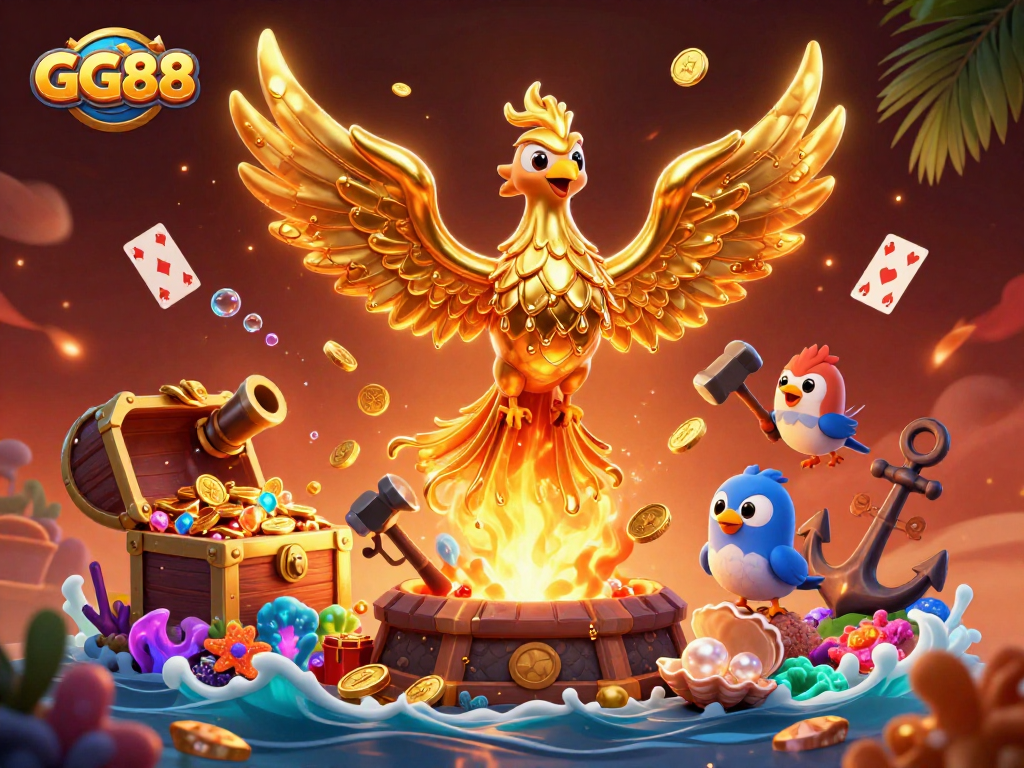 Win big with GG88 in this vibrant 3D illustration depicting casino excitement and casino treasures.
