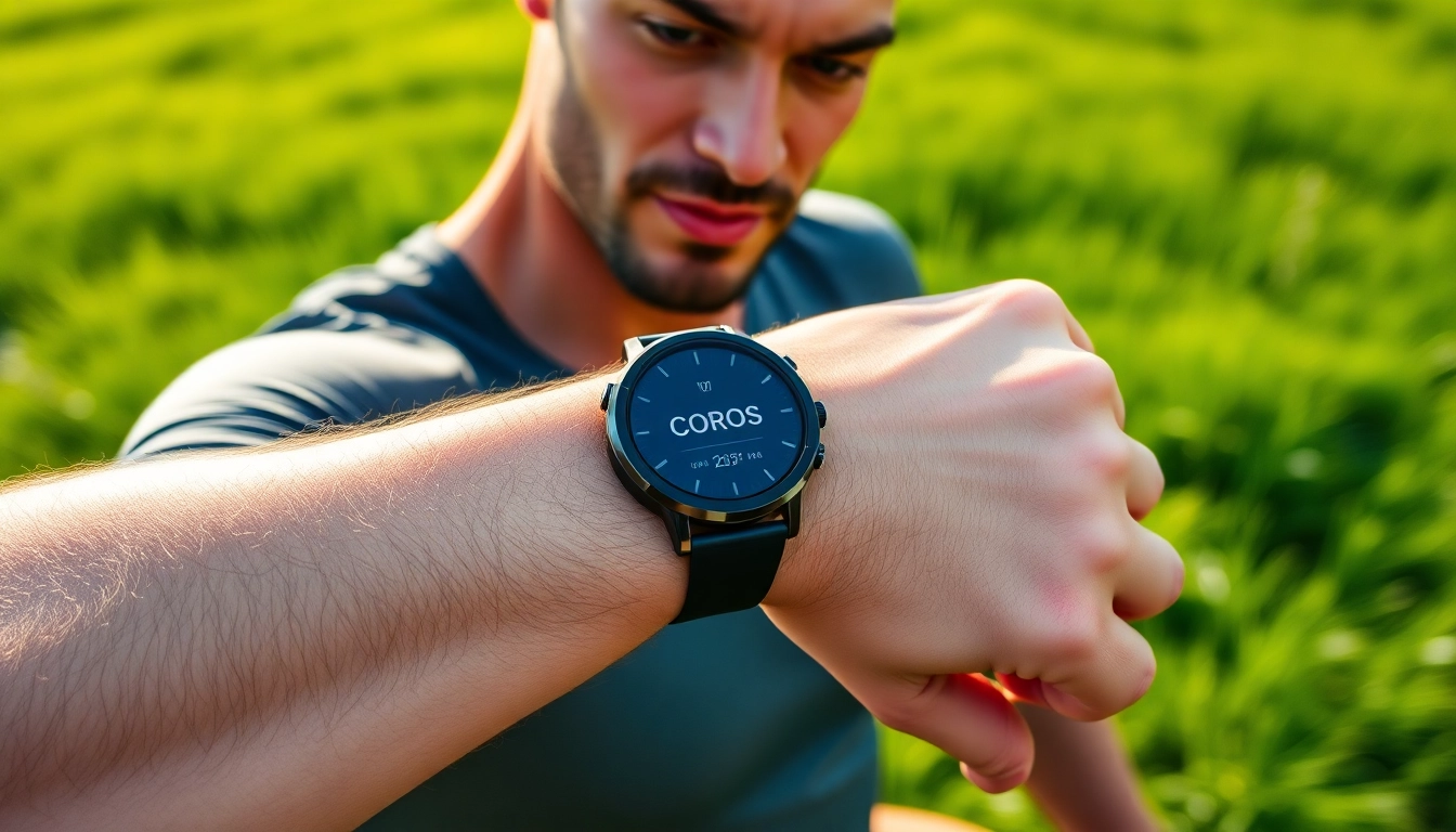 Engaged athlete showcasing the innovative features of Coros smartwatch in nature.