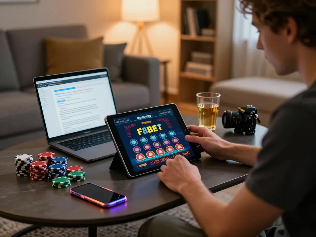 F8bet player engaged in online casino gaming, showcasing strategy in cozy home environment.