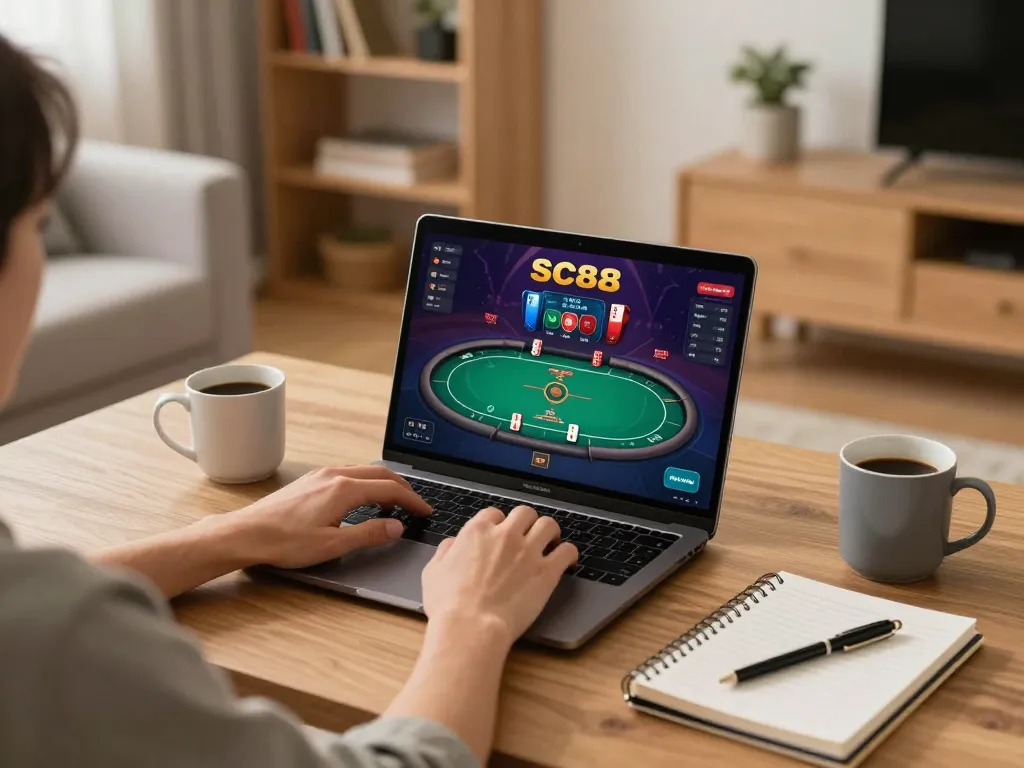 Engaging with SC88 online gaming on laptop, complete with strategy notes and a cozy home atmosphere.