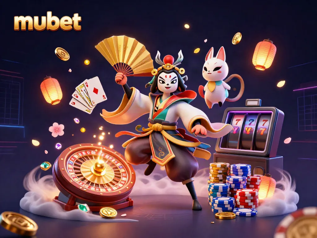 Engage with mubet's dynamic casino scene featuring a kabuki warrior and kitsune mask amidst golden coins and a roulette wheel.