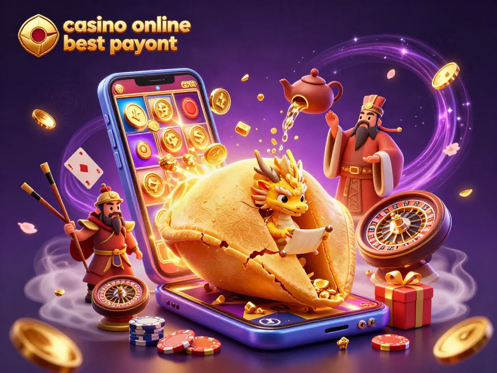 Engage with casino online best payout in this dynamic 3D illustration featuring golden fortune cookie and game elements.