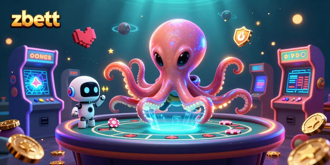 Play poker with zbett's alien octopus and robot companion, surrounded by vibrant arcade elements.