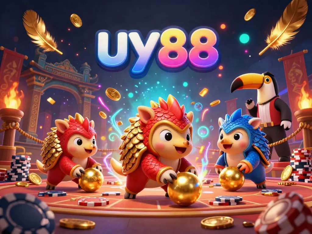 Engage with uy88's thrilling casino experience through rival pangolins in a vibrant digital illustration.