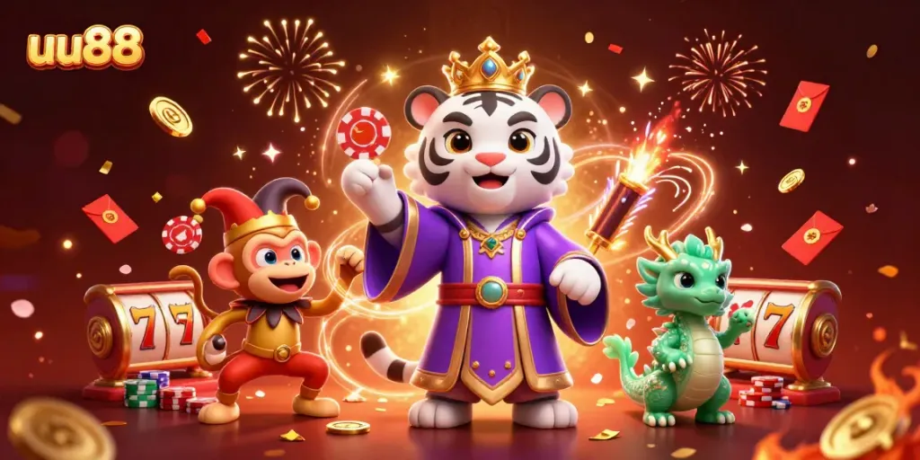 Experience dynamic casino excitement with uu88 featuring a royal tiger, jester monkey, and jade dragon.