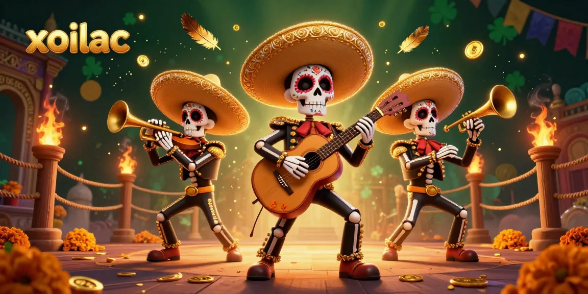 Experience live betting thrills with xoilac's dynamic 3D illustration of a mariachi band in a festive casino arena.