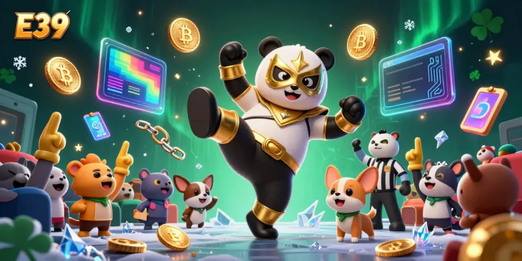 E39 bettors experience a thrilling moment with a panda wrestler and a chihuahua referee in an electrifying casino scene.