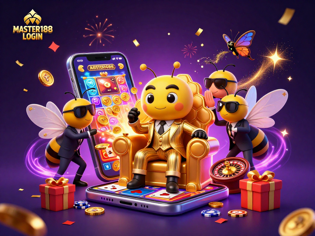 Experience the thrill of winning with MASTER188 LOGIN at this vibrant animated casino scene.