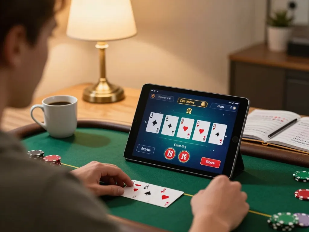 Engaging in online poker gaming on TR88s tablet with cozy home setting and strategic elements.
