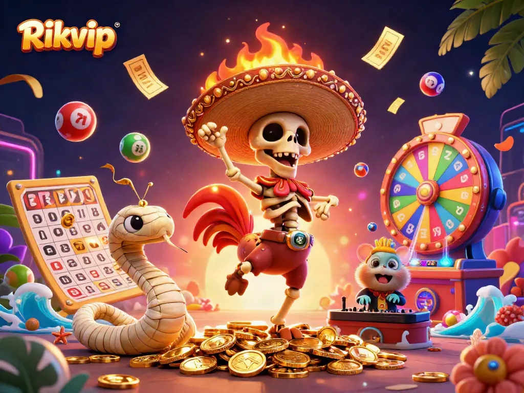 Join the fun with Rikvip as lively characters celebrate amidst colorful gambling elements.