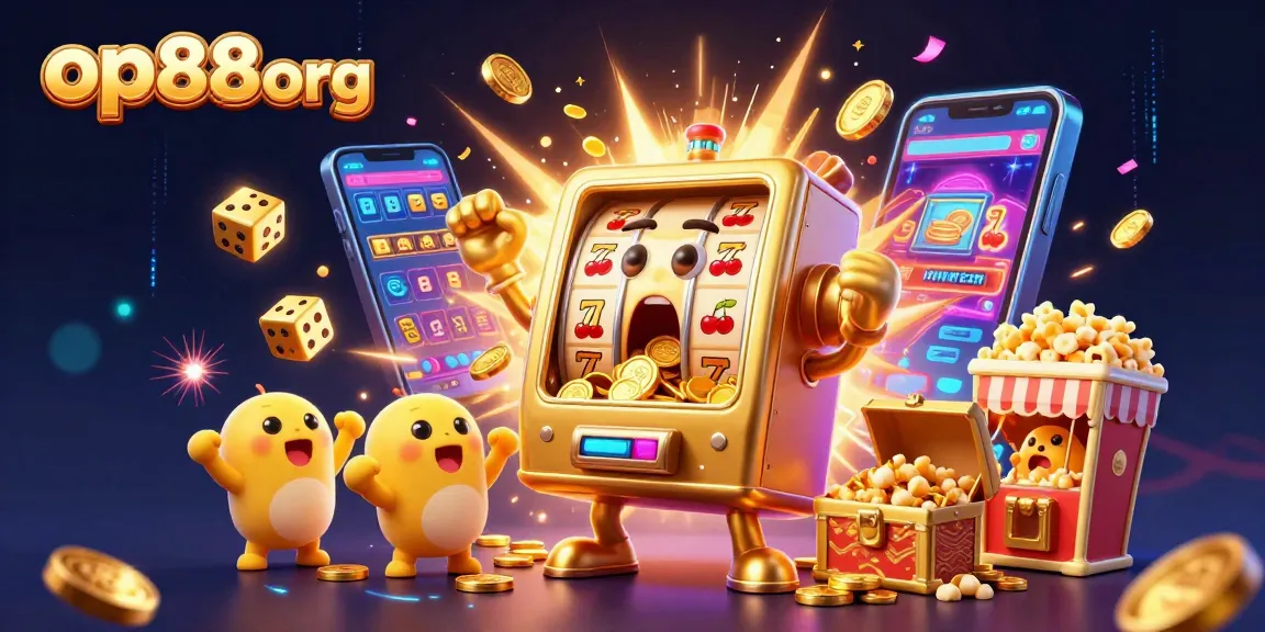 Engage with op88org as a golden slot machine hits a jackpot with coins, delivering exciting casino vibes.