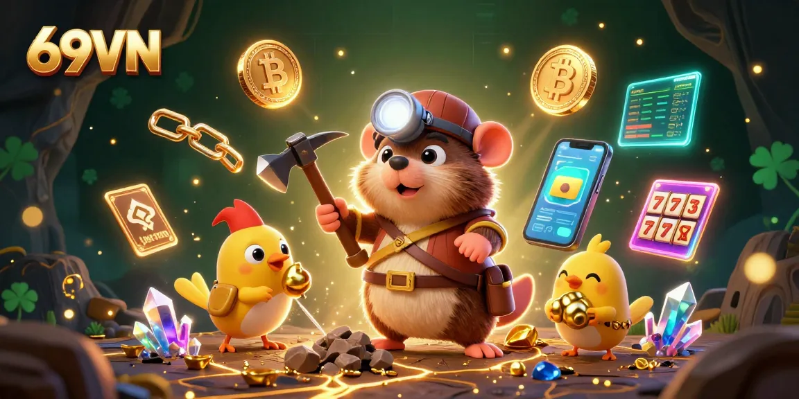 Engage with 69VN as a 3D cartoon treasure hunter mole discovers gems and cryptocurrencies in a vibrant casino setting.