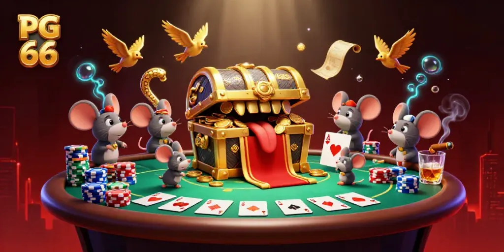 Engage with PG 66's thrilling casino scene featuring a treasure chest and dynamic poker elements.