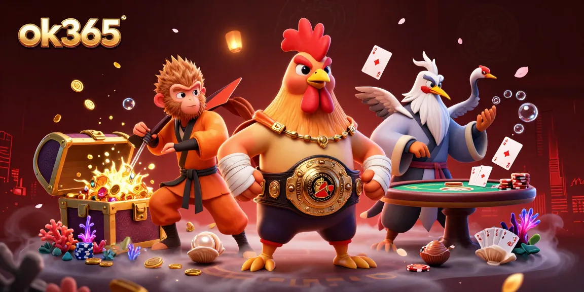 Experience thrills with ok365 in this vibrant 3D casino scene combining classic gaming elements and dynamic characters.