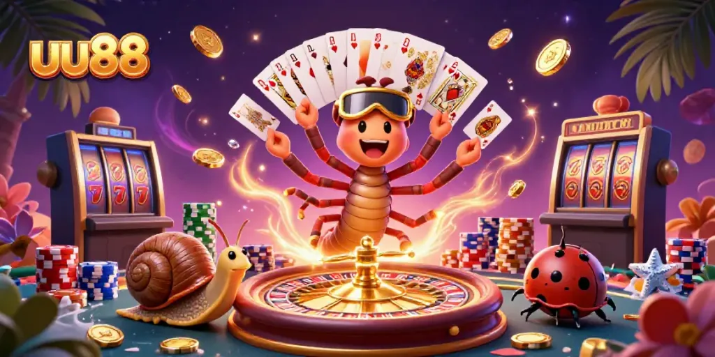 Experience thrilling gameplay at uu88 with an exciting casino illustration featuring animated characters and vibrant elements.