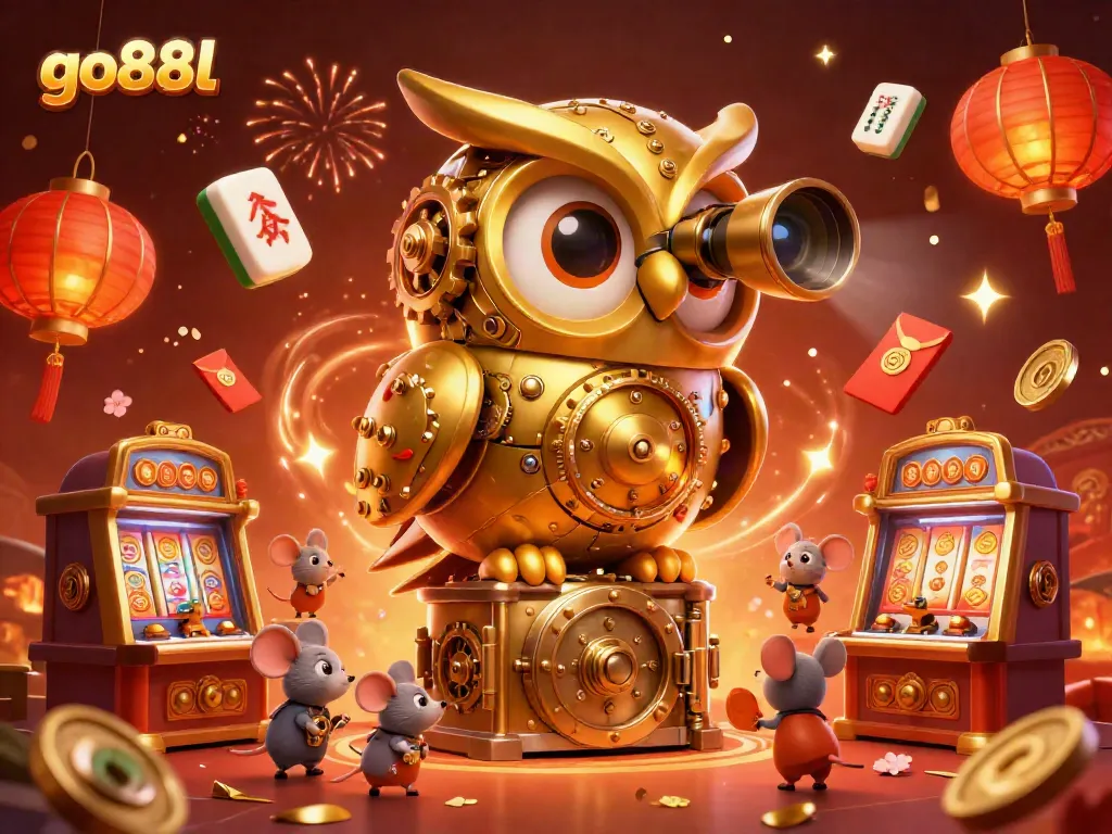 Experience exciting gameplay at go88l with a lively scene of a golden owl and animated casino patrons.