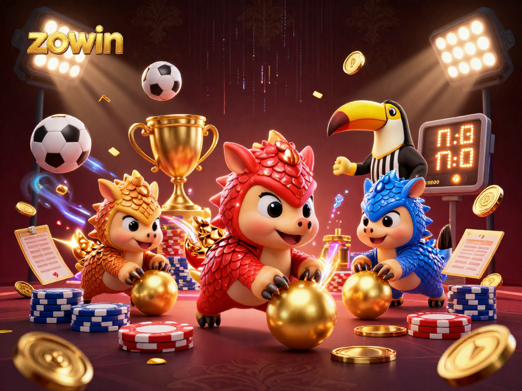 Zowin's thrilling casino scene features rivalry and gaming excitement with armored pangolins and sports balls.