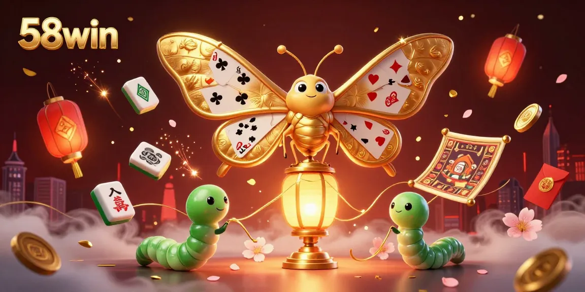 Engage with 58win's vibrant casino scene featuring a majestic moth and colorful gaming elements.