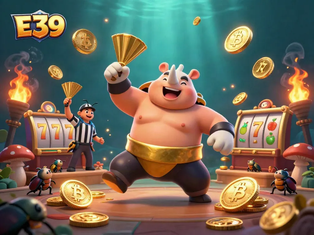 Experience E39’s casino excitement with a powerful beetle champion and flying golden coins in this vibrant illustration.