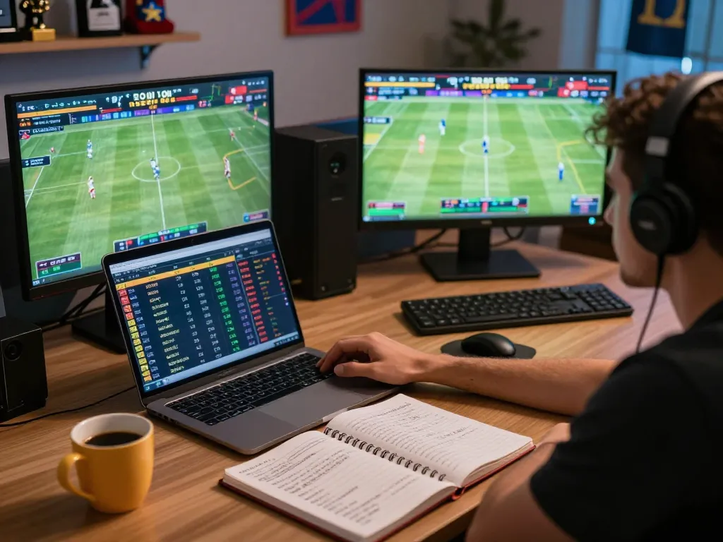 Tỷ lệ kèo nhà cái displayed on a laptop with a person engaged in live sports betting action