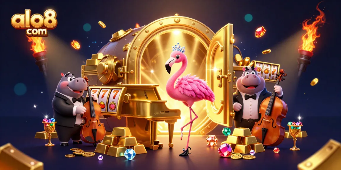 Win big at alo8 com with vibrant 3D casino characters celebrating amidst treasure and slot elements.