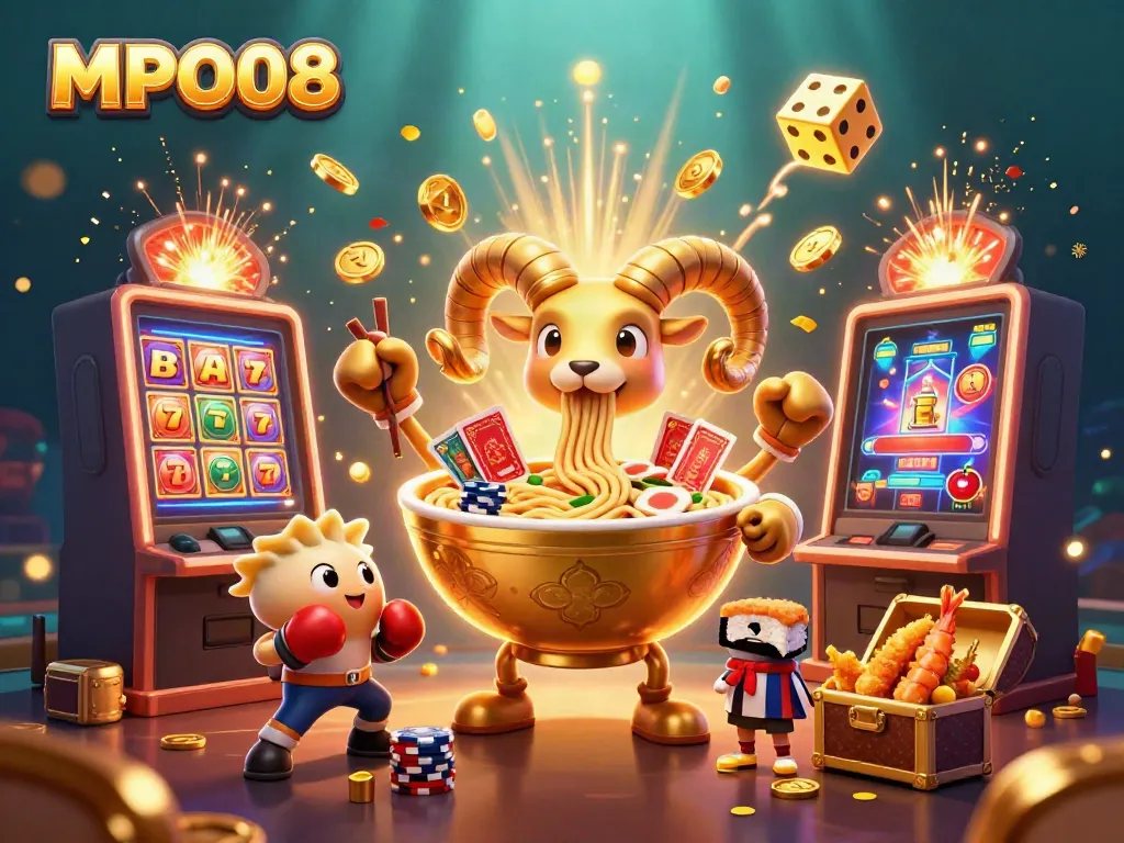 Discover exciting games with MPO08 in a vibrant casino-themed illustration bursting with action.