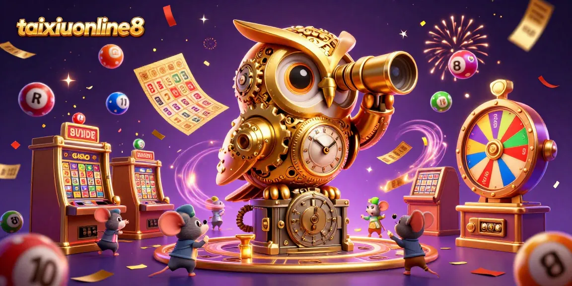 Experience the thrill of taixiuonline8 with a vibrant 3D casino scene featuring a golden owl and animated characters.