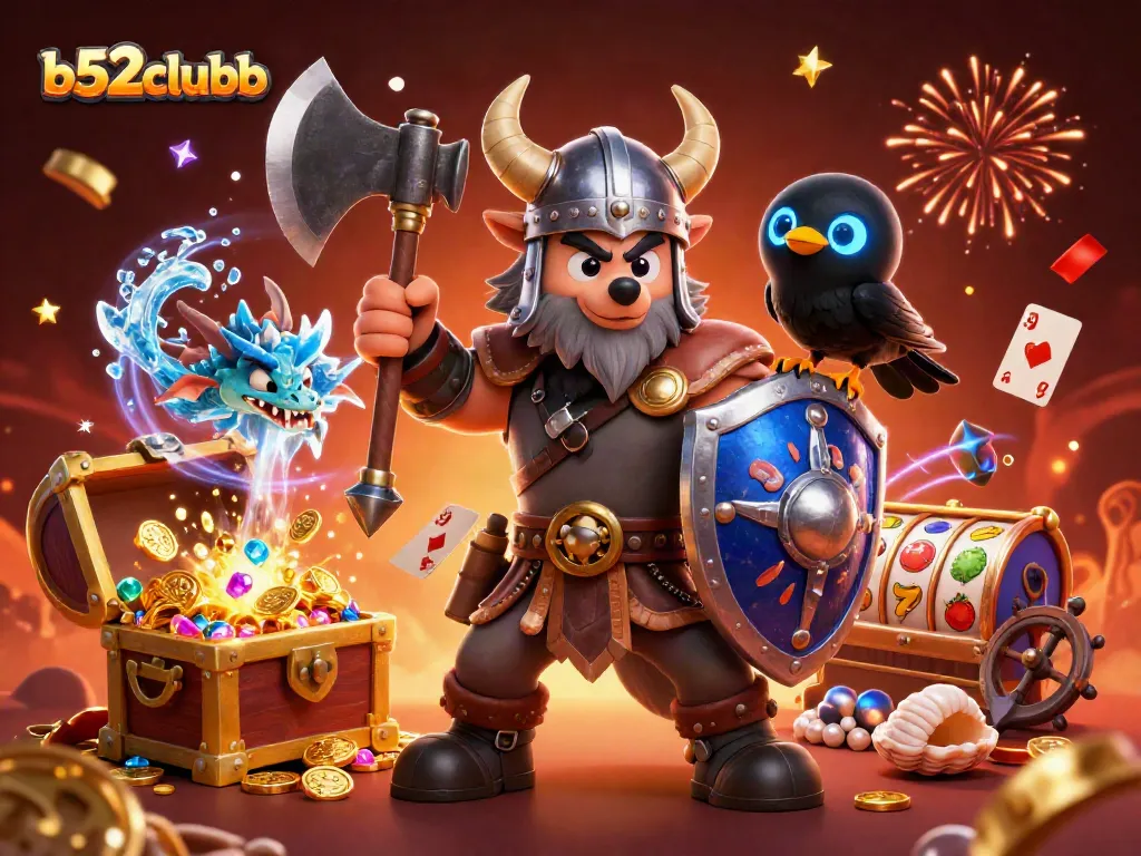 Join the excitement at b52clubb with a captivating scene featuring a Viking wolf warrior, dragon, and vibrant casino symbols.