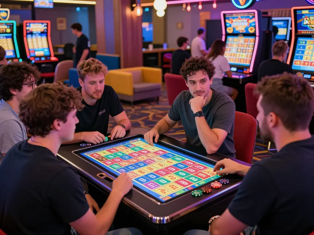 Exciting players celebrating nổ hũ hubet88 victory in a vibrant lottery gaming lounge.