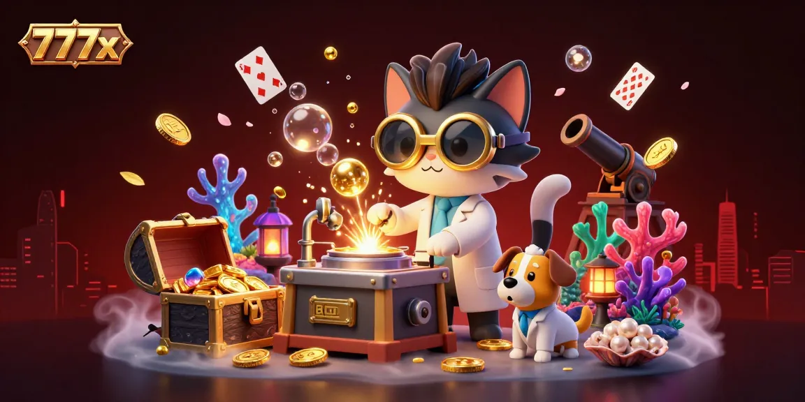 Spin to win with 777x as a mad scientist cat and loyal dog create casino magic amidst treasure.