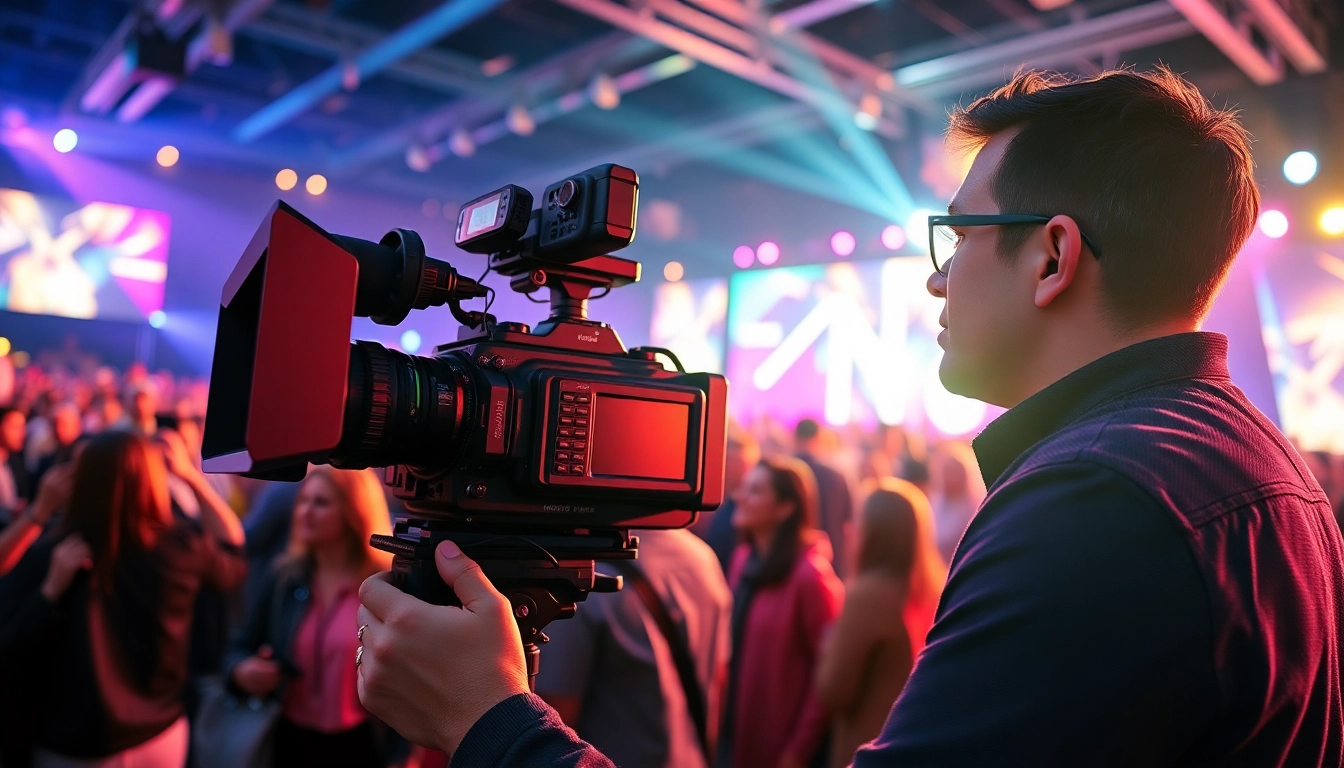 Engaging scene of Professional Video Production team capturing lively event moments.