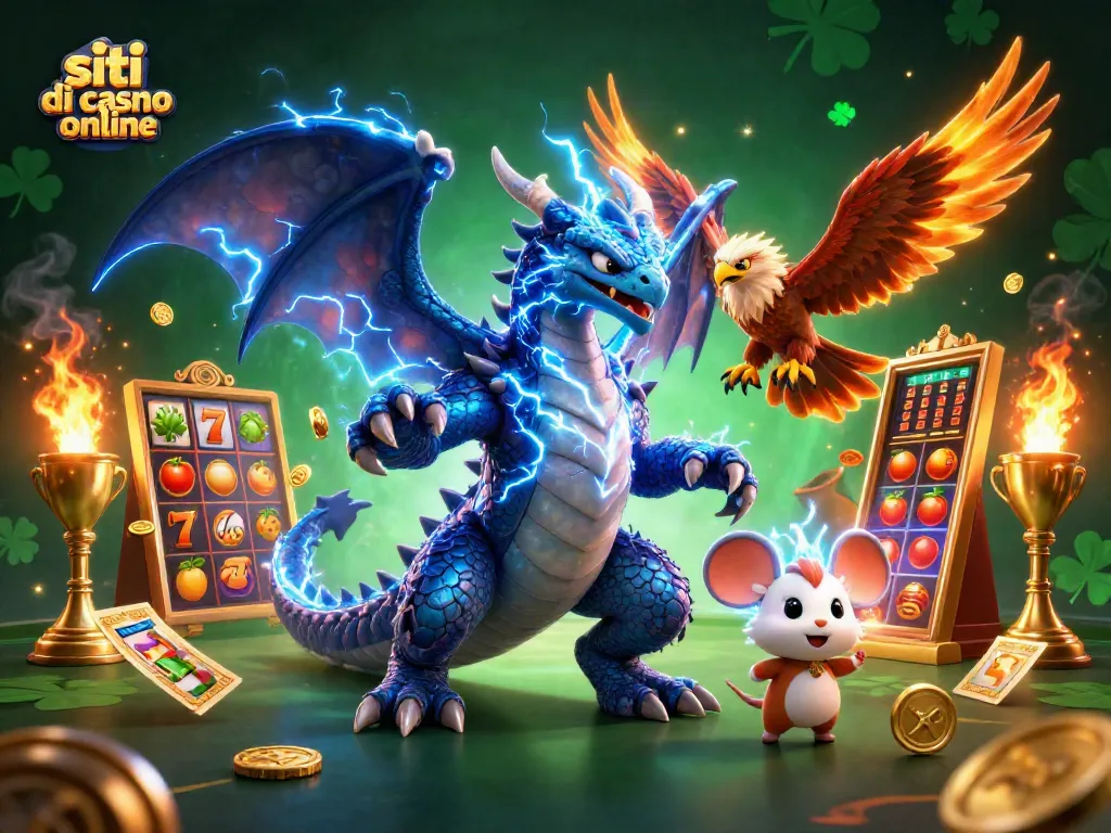 Rivivi l'emozione dei siti di casino online con slot e simboli fortunati in un'illustrazione vivace.
