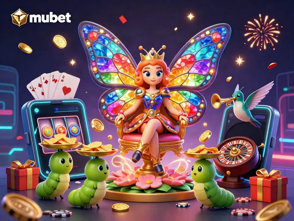 Experience the joy of winning at mubet with a magical casino scene featuring festive celebration and vibrant game elements.