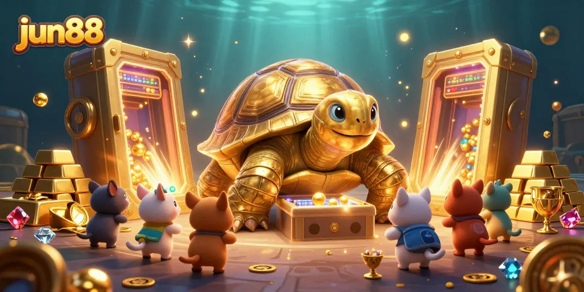 Experience the excitement of jun88's gaming world as playful animals engage with a golden tortoise pinball machine.