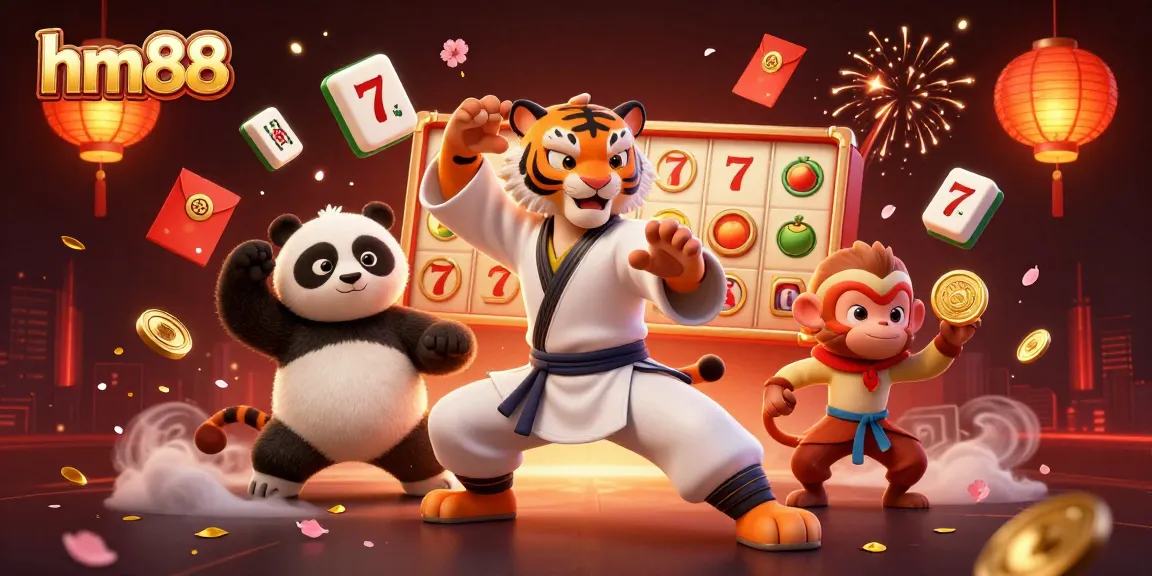 Join the action at hm88 online casino with a vibrant scene of animated characters celebrating wins.