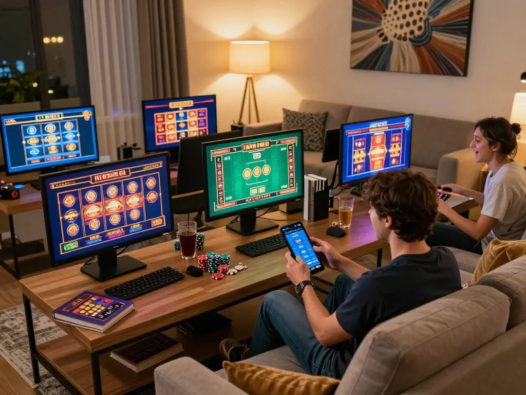 Player engaging with yowes jp online gambling app in a cozy home setup, showcasing strategic thinking.