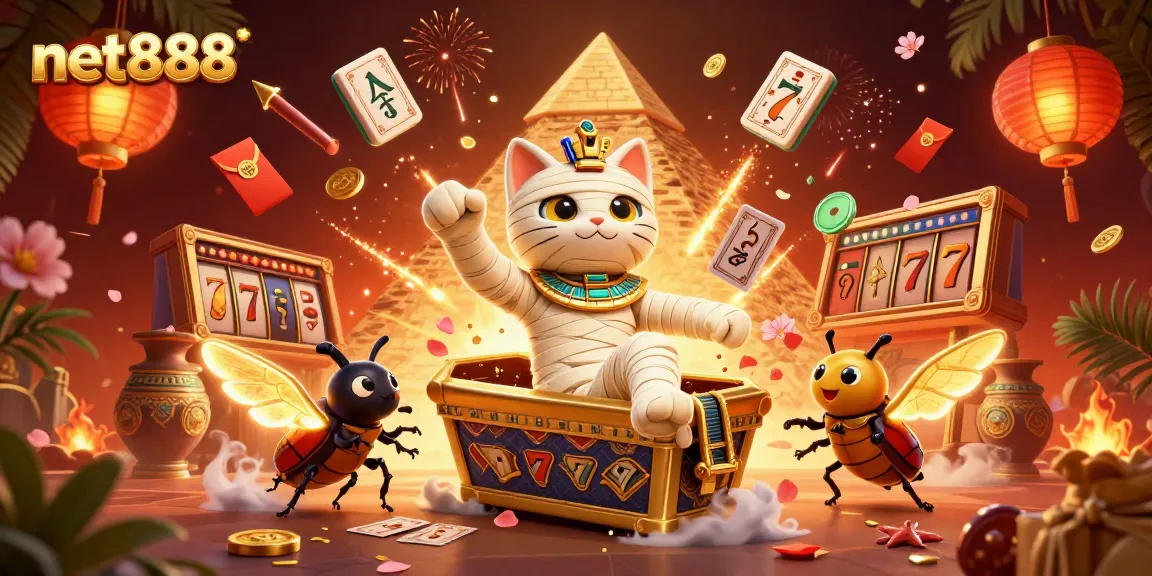 Engage in exciting gaming with net888 featuring a mummy cat and vibrant casino elements.