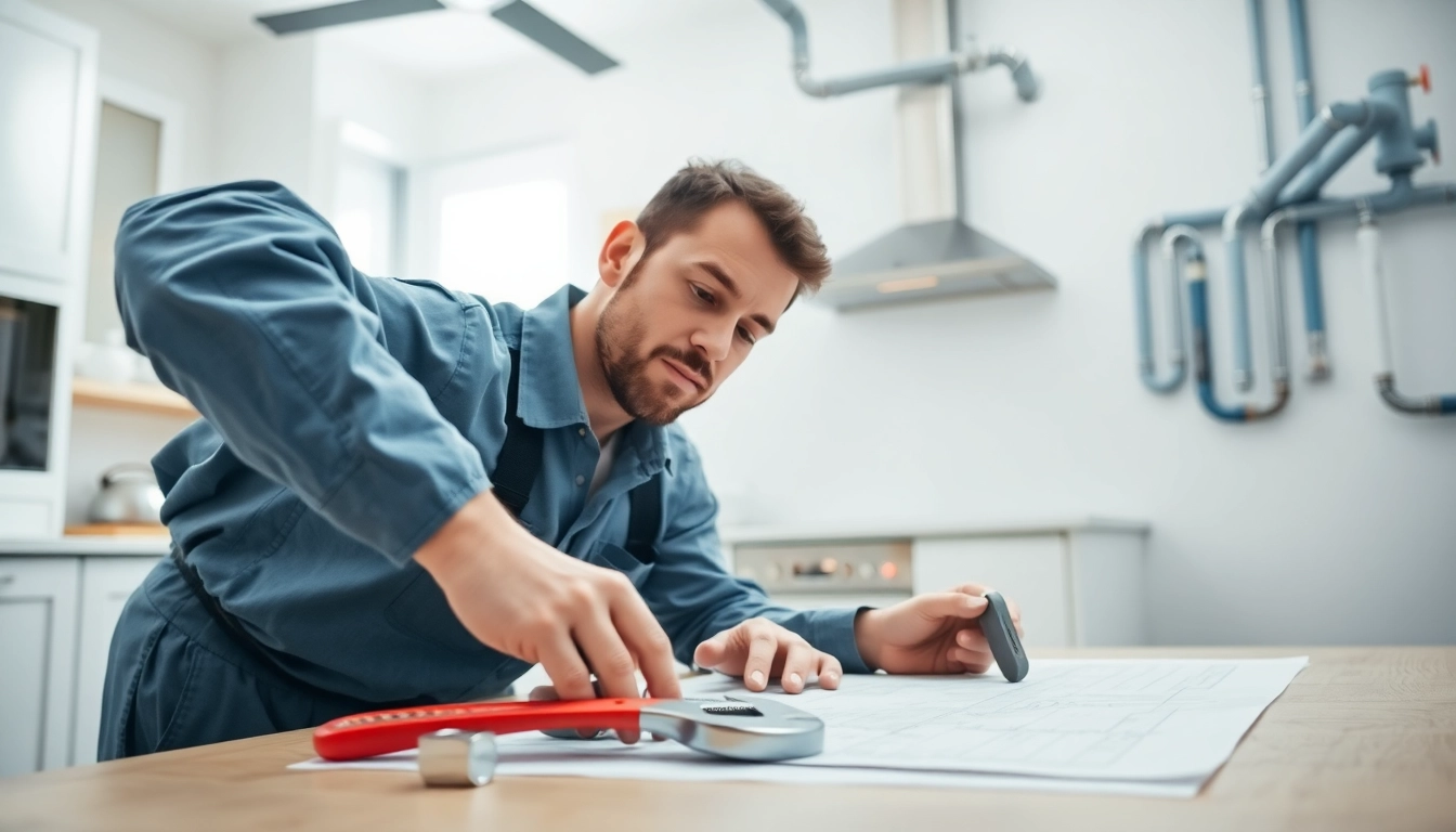 Discover whole house repiping services Tampa while a plumber inspects pipes in a bright kitchen.