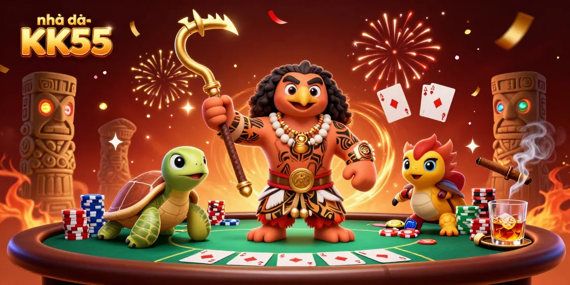 Join the excitement with nhà cái KK55 as the characters play poker amidst a vibrant casino atmosphere.