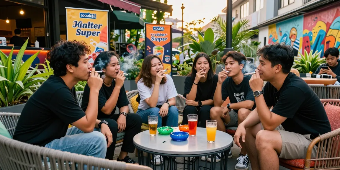 Friends enjoying rokok88 super cigarettes in a lively urban outdoor setting, showcasing vibrant social atmosphere.