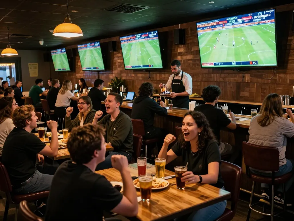 Fans enjoying the excitement of live football matches on CAKHIATV at a vibrant sports bar, showcasing thrilling moments and social interaction.