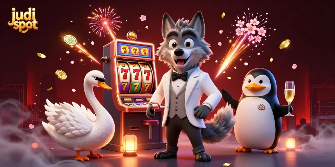 Experience thrilling judi slot action with animated characters at a vibrant casino scene.